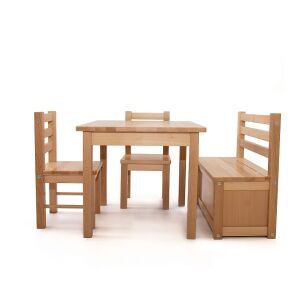 Zestaw drewnianych mebli dziecięcych stół, 2 krzesełka, ławeczka, drewno, kolor naturalny, lakier bezbarwny